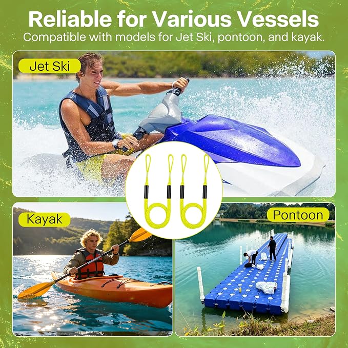 Boat Bungee Dock Lines, Scratch-Free Loop Ends Mooring Rope, Shock Absorbing Pontoon Tie Down Accessories Compatible with Models for Jet Ski（3ft-2 Pack-Yellow）