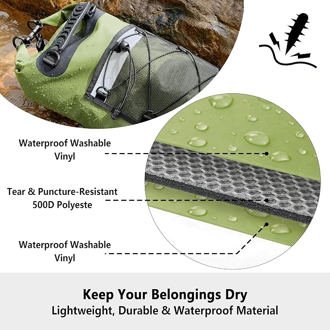 SHENDU 20L Waterproof Dry Bag - Roll-Top Backpack w/Waterproof Phone Case for Kayaking, Hiking, Camping, Boating, Beach Unisex（green）
