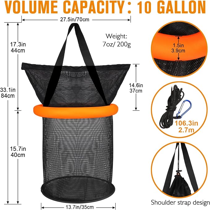 Dovesun Floating Fishing Basket, Collapsible Fishing Net Portable Nylon-mesh | Coated Nylon Net Bait Storage Cage for Keeping Crayfish Minnows Leaches and Other Live Baits