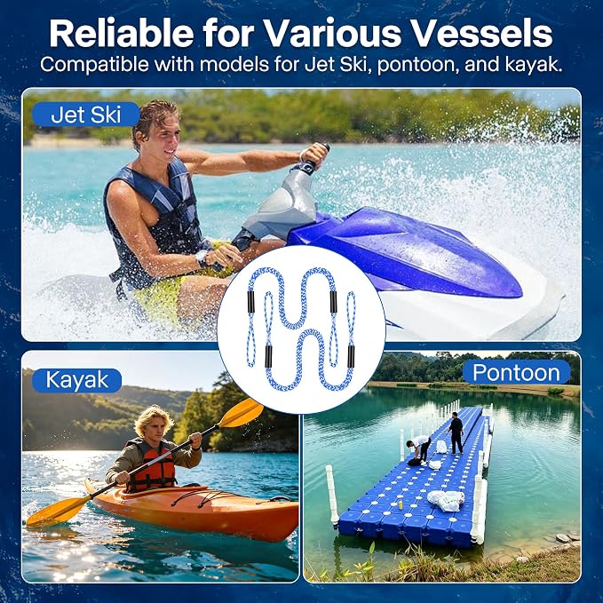 Boat Bungee Dock Lines, Scratch-Free Loop Ends Mooring Rope, Shock Absorbing Pontoon Tie Down Accessories Compatible with Models for Jet Ski（5ft-2 Pack-Blue&White Stripes）