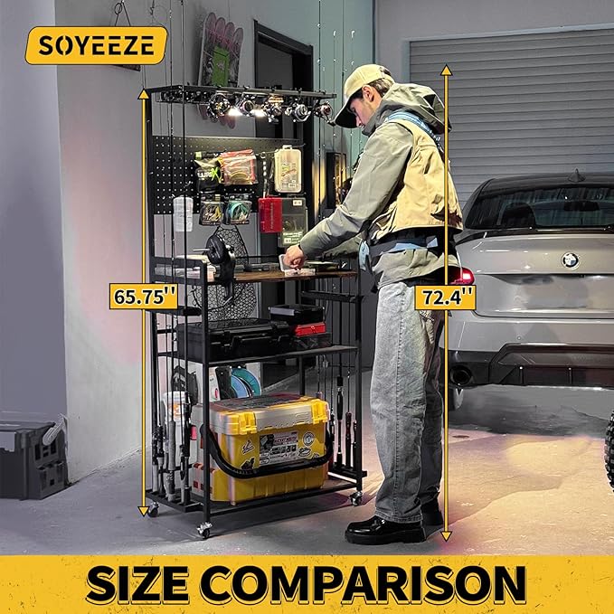 SOYEEZE Fishing Rod Holders for Garage,Fishing Gear Holder for Fishing Rod Tackle Box Storage，Fishing Pole Holders for 12 Rods with Hooks and Pegboard,Fishing Cart with Reel Rack, Large Size