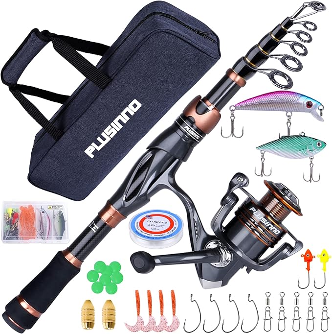 PLUSINNO Fishing Rod and Reel Combos, Bronze Warrior Toray IM6 Carbon Matrix Telescopic Fishing Rod Pole, 12 +1 Shielded Bearings Stainless Steel BB Spinning Reel, Travel Freshwater Fishing Gear
