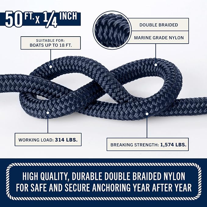 RainierSupplyCo Boat Anchor Rope - Double Braided Marine Rope Anchor Line - 50 ft x 1/4 Inch Nylon Boating Line with 316 Stainless Steel Thimble and Heavy Duty Marine Grade Bow Shackle - Navy Blue