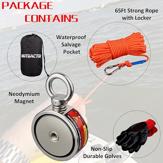 MUTUACTOR Double-Sided Fishing Magnet Kit,Combined 700lbs Fishing Magnets Heavy Duty,Dia.2.36''Permanent Neodymium Rare Earth Magnet with 65Ft Salvage Rope Sturdy Gloves Bag for Recovery Treasures