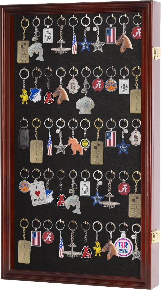 Fishing Lures Keychain Display Case Pocket Watch Wall Cabinet Frame Keyring Golf Bag Tag Luggage Tag Showcase Shadow Box Mahogany Finish