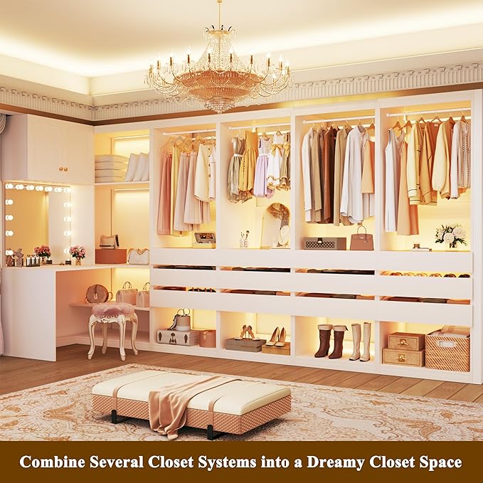 Freestanding Closet System Set of 4, 8FT Closet Organizer System with 12 Wood Drawers & Glasstop, 96" Closet Systems with Hanging Rod & LED Light, Large Walk-in Closet, White (96"L x 16" W x 80" H)