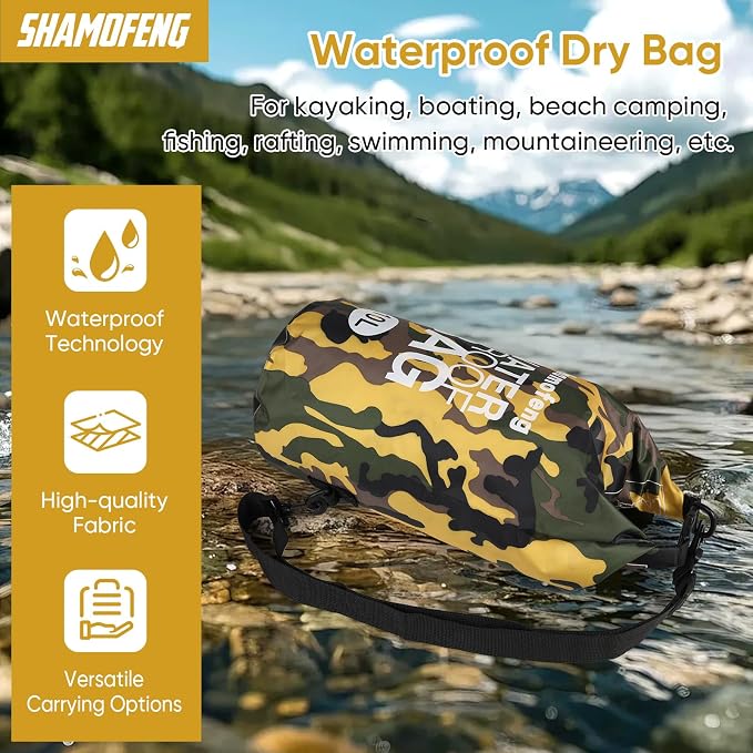 Waterproof Dry Bag 5L/10L/15L/20L/30L Roll Top Dry Storage Backpack with Phone Case, Collapsible Water Bottle, Sunglasses, Ear Band for Kayaking Boating Swimming Fishing Camping, Yellow 10L