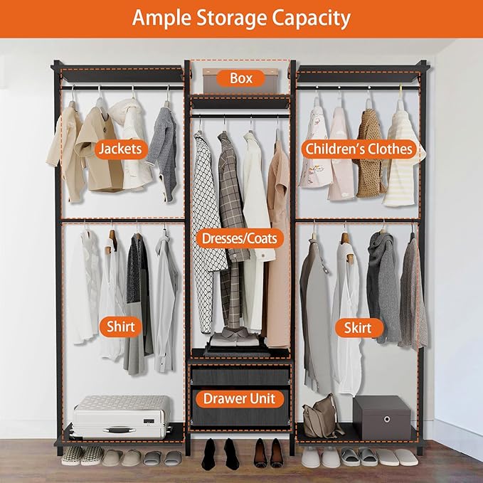 Wall-Mounted Steel & Wood Closet Organizer System with 4 Adjustable Shelves, 5 Hanging Rods, and 2 Drawers – Modern Open Wardrobe, Black