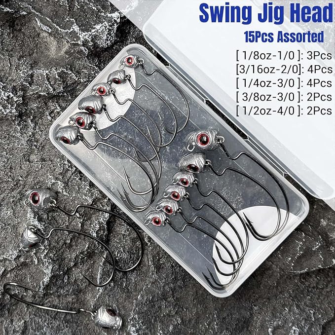 Vivid Fish Eyes Swimbait Jig Heads for Fishing, 15Pcs Swing Bass Jigheads Lifelike Weedless Jig Heads for Ned Rig or Texas Rig 1/8 3/16 1/4 3/8 1/2oz