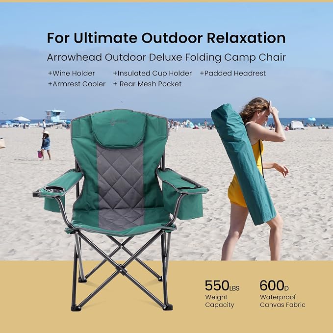 ARROWHEAD OUTDOOR Deluxe Folding Camp Chair – 550lb Capacity Heavy-Duty Quad Chair with Integrated Cooler, Headrest, and Dual Cup Holders.