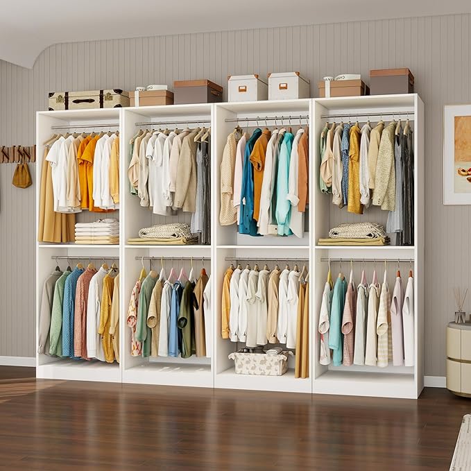 Closet System with 12 Hanging Rods& Shelf , 8FT Small Closet Organizer System Wood with Extra Side Hanging Rod for Walk in Closet Storage, Modular Closet Systems, White(8FT)