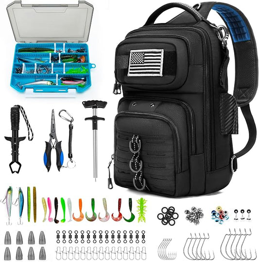Fishing Sling Bag with Tackle Box, MOLLE System Fishing Backpack with Fishing Lures Kit, Fish Hook Remover Tool, Fish Lip Gripper, Fishing Plier & Accessories, Fishing Gear Gift for Men Black