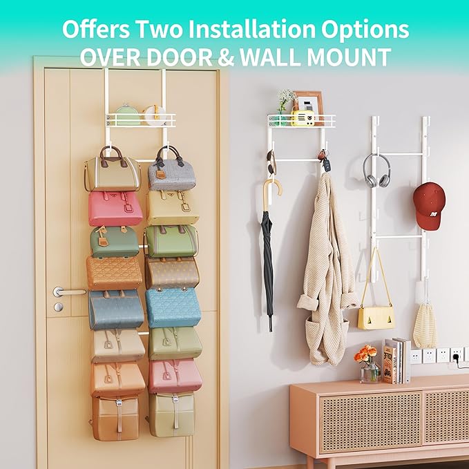 HapiRm Over The Door Purse Organizer - Wall Mounted Purse Rack with 16 Hooks and Metal Basket, Hanging Handbag Organizer Holds up to 16 Bags, Bag Rack Can Use As 1/2 Part, for Door, Closet (White)