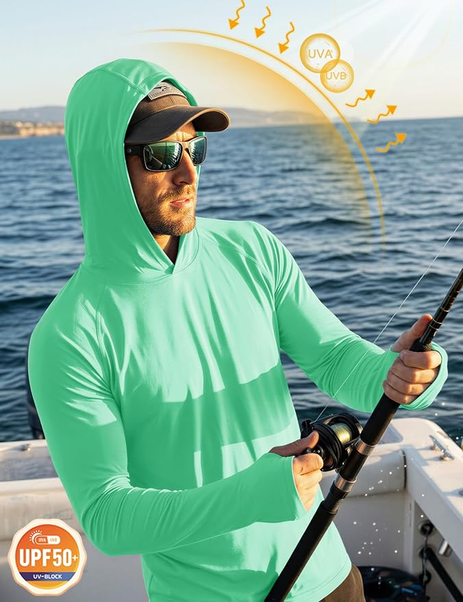 MAGCOMSEN Men's Hooded UPF 50+ Sun Protection T Shirts Long Sleeve Athletic Fishing Shirts Rash Guards