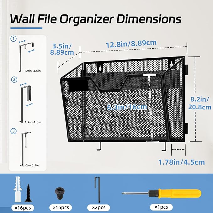 8 Pack Wall File Holder, Metal Mail Organizer Wall Mounted, Hanging File Organizer Over the Door Storage with 2 Hooks for Office, Home and School (with Label Panel)