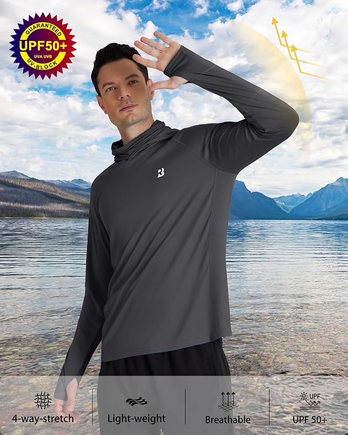 Roadbox Men's UPF 50+ Hooded Fishing Shirts Long Sleeve Sun Protection Hoodie, Hiking Running Swimming Rash Guard with Mask