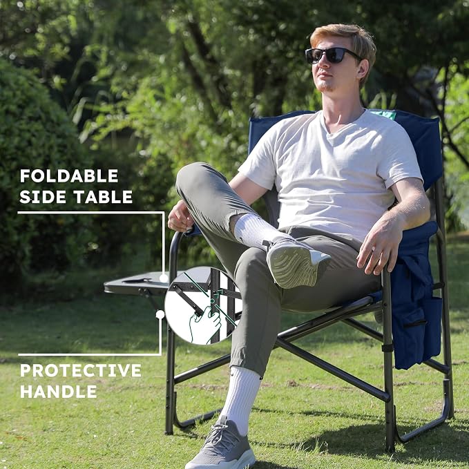 Colegence Oversized Directors Camping Chair Set of 2 Support 600 LBS, Heavy Duty Folding Outdoor Chairs with Detachable Side Pocket and Adjustable Side Table for Outside Beach,Lawn,Fishing,Dark Blue