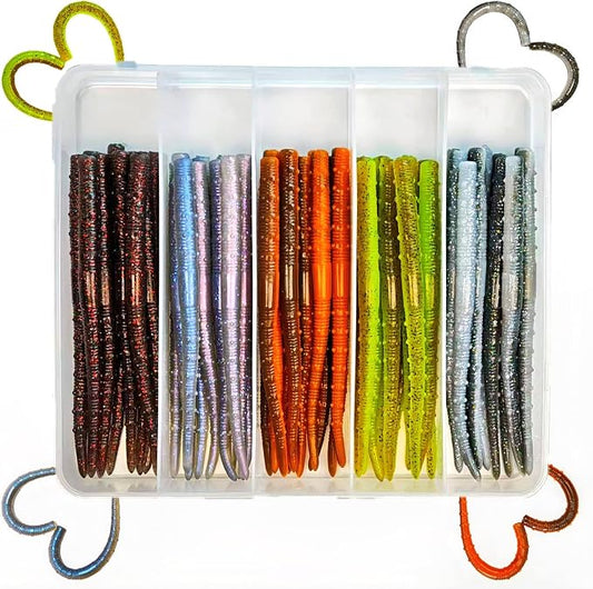 Senko Worms for Bass Fishing, 5” Soft Plastic Stick Baits 50PCS, Floating TPE Ned Rig Worm Kit, Durable Stretchy Bass Lures for Wacky, Texas Rig Freshwater Saltwater