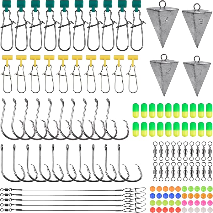 129pcs Surf Fishing Tackle Kit Fish Finder Rig Surf Fishing Rigs Include Pyramid Sinker Weights Sinker Slider Wire Leaders Hooks Swivels Beads Foam Floats Saltwater Fishing Accessories