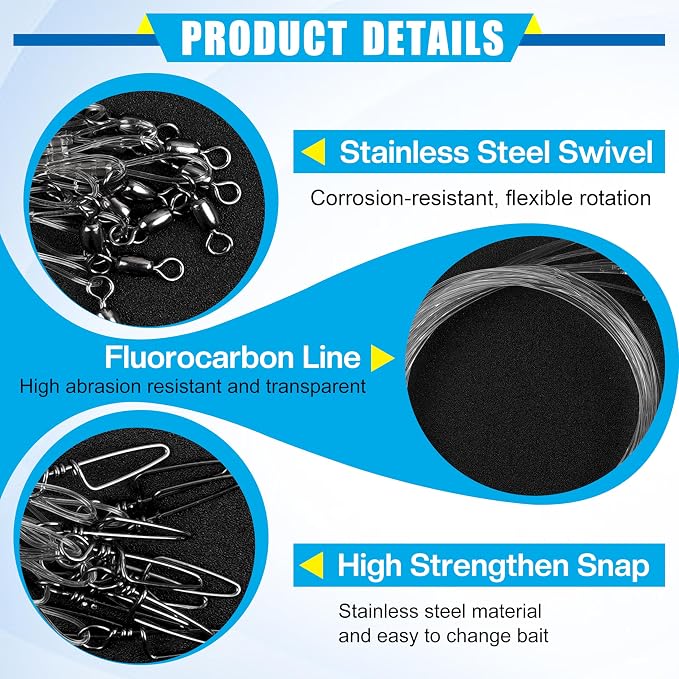 Fluorocarbon Fishing Leader, 12/24pcs Fluorocarbon Leader Line with Swivels Snap Invisible Fishing Wire Leader Connect Tackle Lures Bait Hooks for Saltwater Freshwater