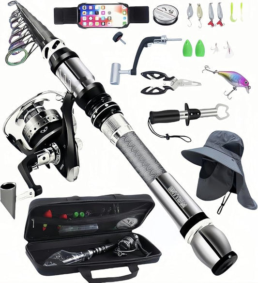 Portable Fishing Spinning Rod and Reel Combo Set Carbon Fiber Fluorescent Rod Tip, with Fishing Lures Line Carrier Bag Kits for Travel Surf Saltwater Freshwater
