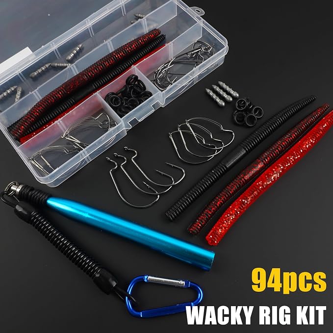 Wacky Rig Worm Fishing Lures Kit, 94pcs Bass Fishing Lures Wacky Rig Kit with Soft Plastic Lures Wacky Rig Tool, O-Rings, Worm Hooks, Nail Fishing Weights for Carolina Texas Rig