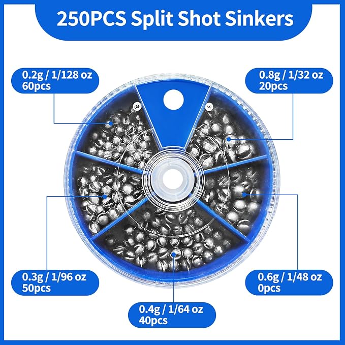 Split Shot Fishing Weights Sinkers, 200Pcs Fishing Split Shot Weights 5 Sizes, Removable Split Shot Sinkers for Fishing Line, Round Dispenser Box for Bass Trout Crappie Panfish