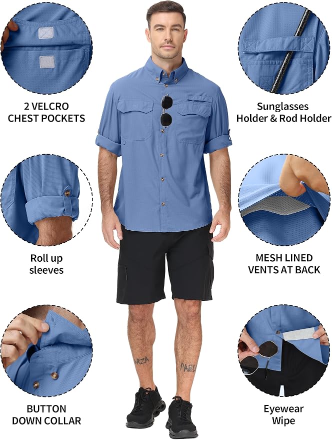 Roadbox Men's Sun Protection Fishing Shirt, Long Sleeve Cool Dry Lightweight UPF 50+ Shirts for Hiking Safari Camping Travel