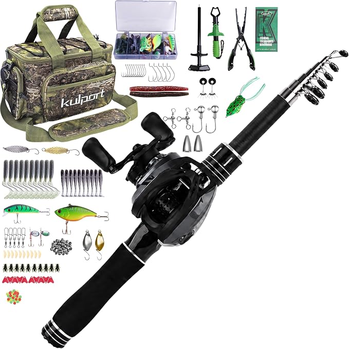Fishing Kit with DC Digital Control Baitcasting Reel, Carbon Fiber Rod, Tackle Box and Fish Handling Tools | Portable Backpack Combo for Freshwater- Left