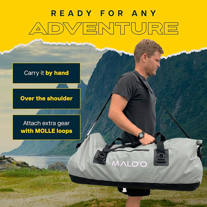 Malo’o Waterproof Dry Duffel, Heavy-Duty Roll Top Waterproof Gear Bag with Shoulder Strap & Molle Loops, Marine Duffel for Kayaking, Boating, Camping, Beach & Travel, Grey, 100L