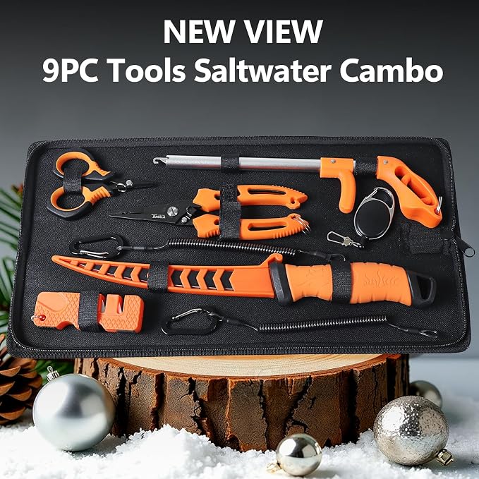 NEW VIEW 9pc Saltwater Fishing Tools Combo - Portable Fishing Tool Kit with Carry Pouch - Fillet Knife, Pliers, Braid Scissor, Sharpener, Hook Remover - Fishing Gifts for Men