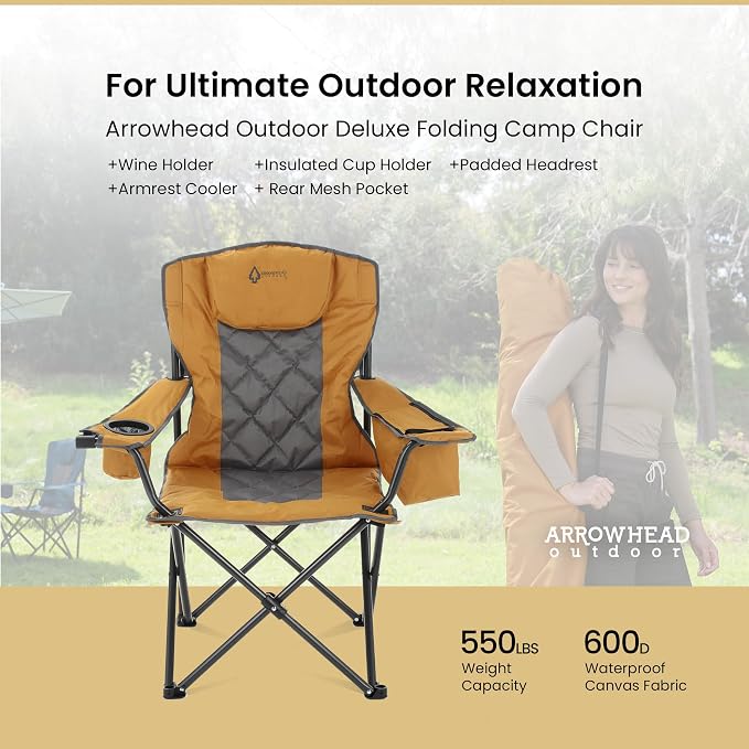 ARROWHEAD OUTDOOR 2-Pack Portable Deluxe Folding Camp Quad Chair w/Headrest, Glass & Cup Holders, Armest 6-can Cooler, Heavy Duty Carry Bag, 550 lbs Weight Capacity