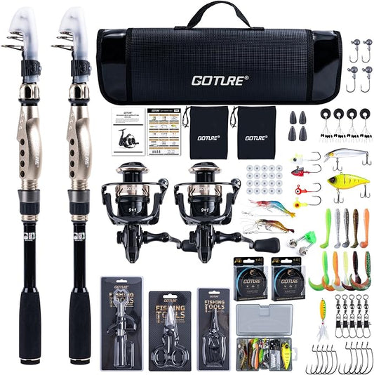 GOTURE Telescopic Fishing Rod and Reel Combos, Carbon Fiber Travel Fishing Pole, 9+1 BB Spinning Reel, Saltwater Freshwater Fishing Gear Kit with Braided Line, Lures, Carrier Bag for Bass Trout