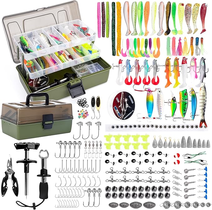 3 Layers Fishing Tackle Box with Tackle Included, 475 Pcs Fishing Lures Kit,Include Crankbaits Weights Hooks and other Accessories,Fishing Lure Bait Gear Kit,Gift for Men