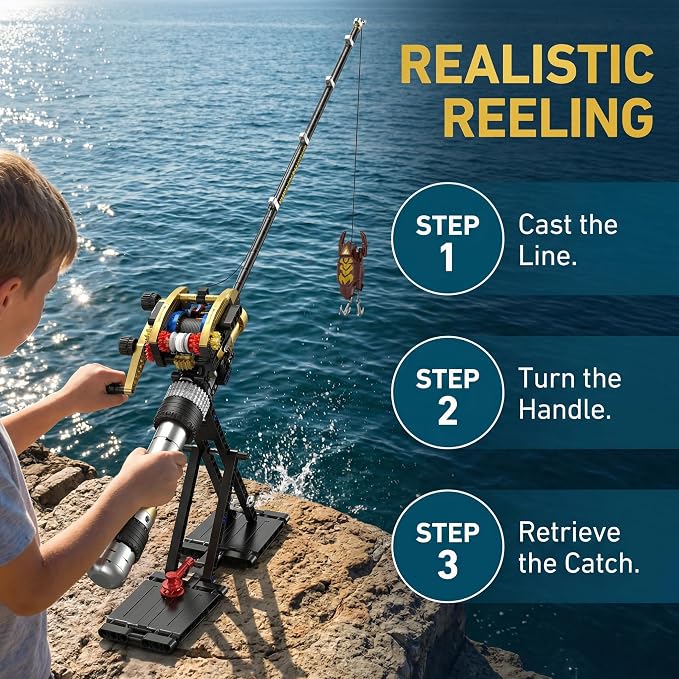 Fishing Rod Building Kit, Designed for Fishing Enthusiasts, is a LEGO-Compatible STEM Construction Toy Suitable for Children and Adults as a Home Decor Gift.