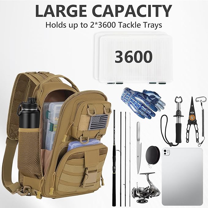 GMAK Fishing Backpack Tackle Sling Bag, Tactical Fishing Tackle Backpack with Rod & Gear Holder, Lightweight Outdoor Water-Resistant Tackle Gear Pack Shoulder Bags for Men Women, Khaki