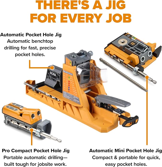 BORA Pro Compact Metal Pocket Hole Jig & 50pc Screw Set, Auto Adjusting Drill Guide, Durable Pocket Hole Jig Kit for Woodworking & Tight Spaces - For Materials 1/2 inch to 1 1/2 inch Thick
