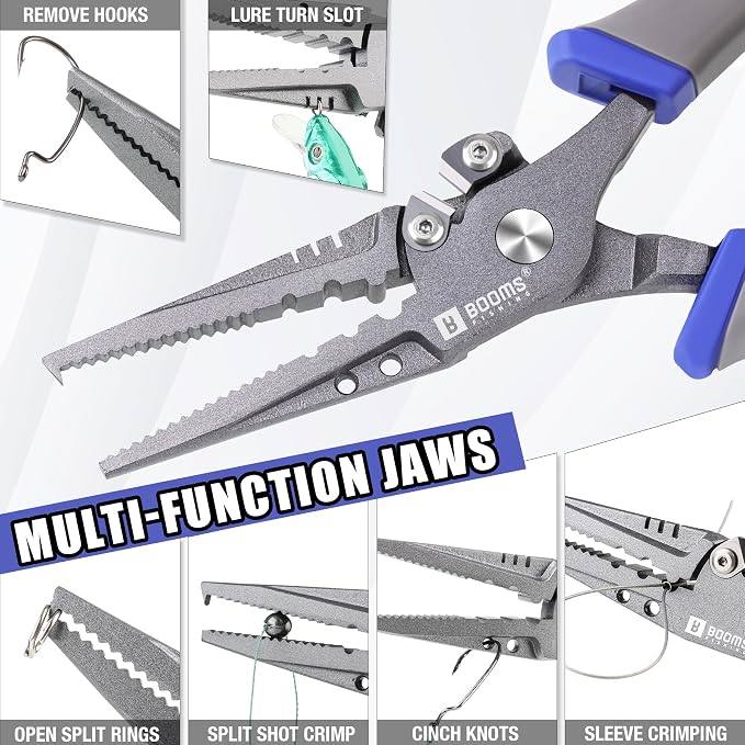 Booms Fishing Multi-Function Pliers Saltwater: 8.5" Carbon Steel Saltwater Fishing Pliers with Hook Remover, Split Ring Tool, Braid Cutters & Crimper for Freshwater & Saltwater Anglers, XW12