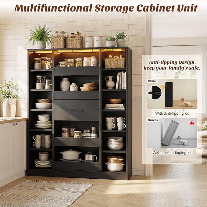 40" Closet System with LED Lights, Wooden Closet Organizer with 5 Drawers & 12 Shelves, Versatile Closet Storage Tower for Walk-in Closets, Shoe Rack and Handbag Storage Cabinet, Black