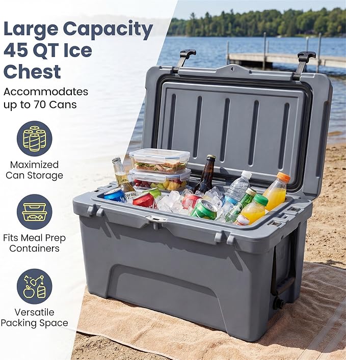 COSTWAY Portable Insulated Hard Cooler – Keeps Ice Up to 6 Days, Heavy-Duty Outdoor Ice Chest with Cup Holders, Built-in Fish Ruler & Bottle Opener for Camping, Fishing, Beach, Tailgating
