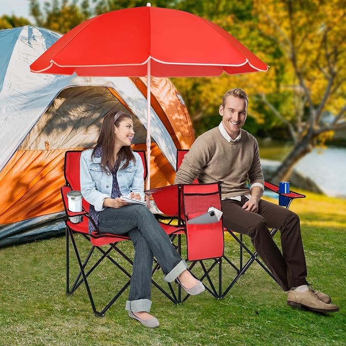 Tangkula Double Camping Chairs with Umbrella, Portable 2 Seat Folding Camp Chair with Cooler Bag, Beverage Holder, Carrying Bag, Foldable Lawn Chair for Outside, Fishing, Picnic, Beach