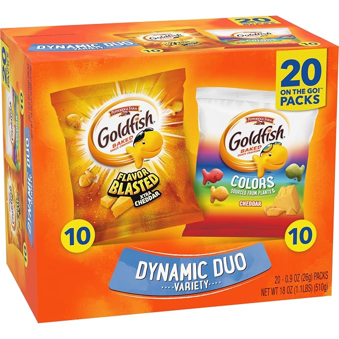 Goldfish Dynamic Duo Variety Pack, Colors Cheddar & Flavor Blasted Xtra Cheddar, Snack Packs, 20 Ct