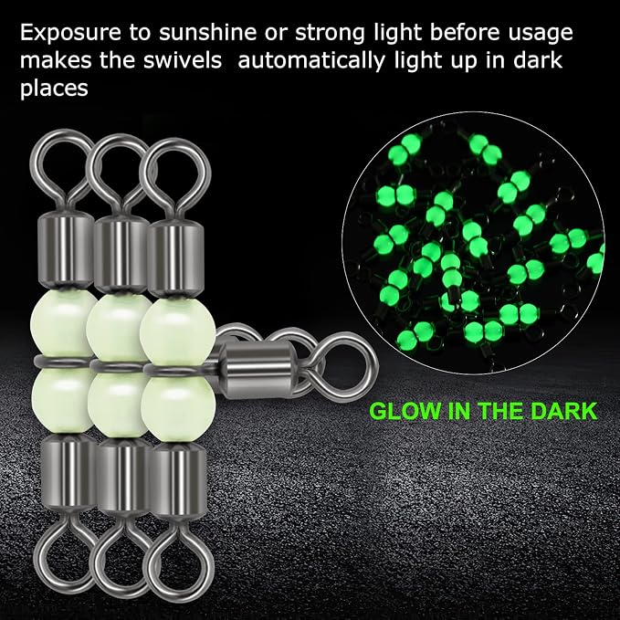 Goture Fishing Swivels, 3 Way Swivels Fishing Tackle, T Shape Cross Line Rolling Swivels with Luminous Beads Saltwater Freshwater,Three Way Fishing Swivels Barrel Swivels for Catfish Rig Surf Rig