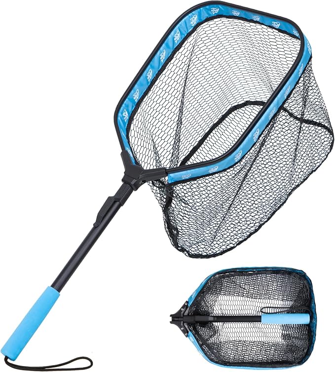Floating Fishing Net, Collapsible Landing Net, Fish Net with Rubber Coated Polyethylene Netting for Bass, Trout, Fly Fishing, Kayak & Boat Fishing