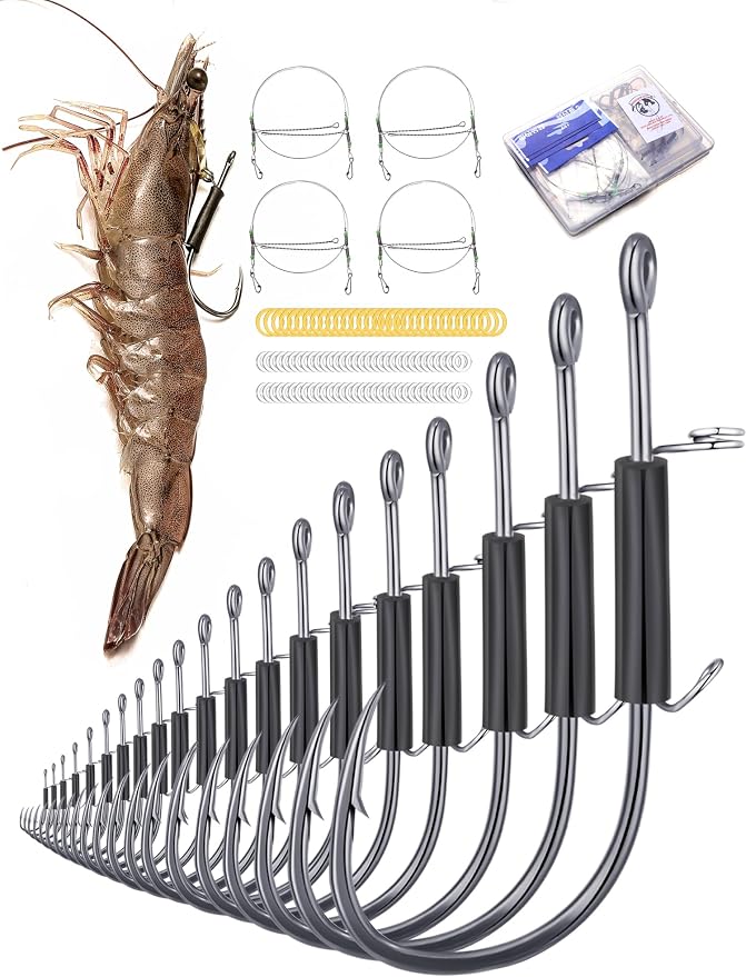 24Pcs Live Shrimp Hooks Saltwater Fishing Hooks - 3X Strength Stainless Steel Steel Wire Rig Accessories Ready to Use 2 Sizes Rubber Bands Freshwater