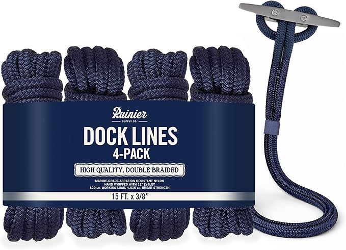 RainierSupplyCo Dock Lines 1, 2 & 4 Pack - Boat Rope for Docking with Loop - Premium Double Braided Nylon Marine Rope - Mooring Line with Eyelet - Boat Accessories