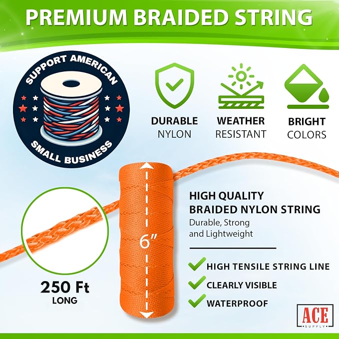 Orange Mason Line String Line - #18 Braided Nylon String - 250 Ft Length - Nylon Twine for Gardening Or Masonry Tools - Perfect Construction String for A String Level, Twine String for Gardening