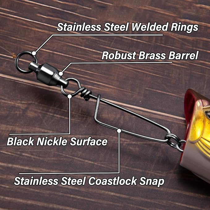 Alwonder Fishing Snap Swivels, High Strength Ball Bearing Swivel with Stainless Steel Coastlock Snap 26-503LB, Black Nickel Coating Corrosion Resistance Freshwater Saltwater