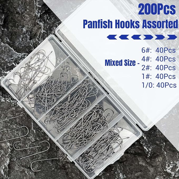 200Pcs Panfish Fishing Hooks Freshwater, Light Wire Crappie Hooks Straight Shank Aberdeen Hook for Bluegill Small Bass 5 Sizes Assorted 6# 4# 2# 1# 1/0