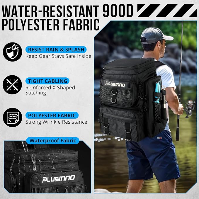 PLUSINNO Fishing Tackle Backpack with Rod Holders，42L Water-resistant Fishing Bag Store Fishing Gear,Fishing Gifts For Men.